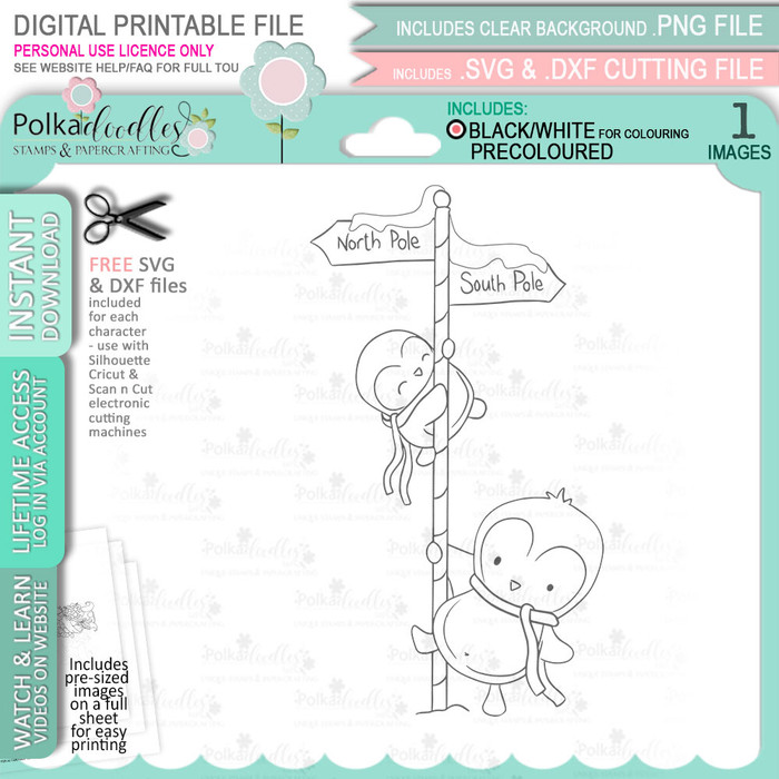 Which Way Theo Penguin digital stamp - printable clipart for cardmaking, craft, scrapbooking & stickers
